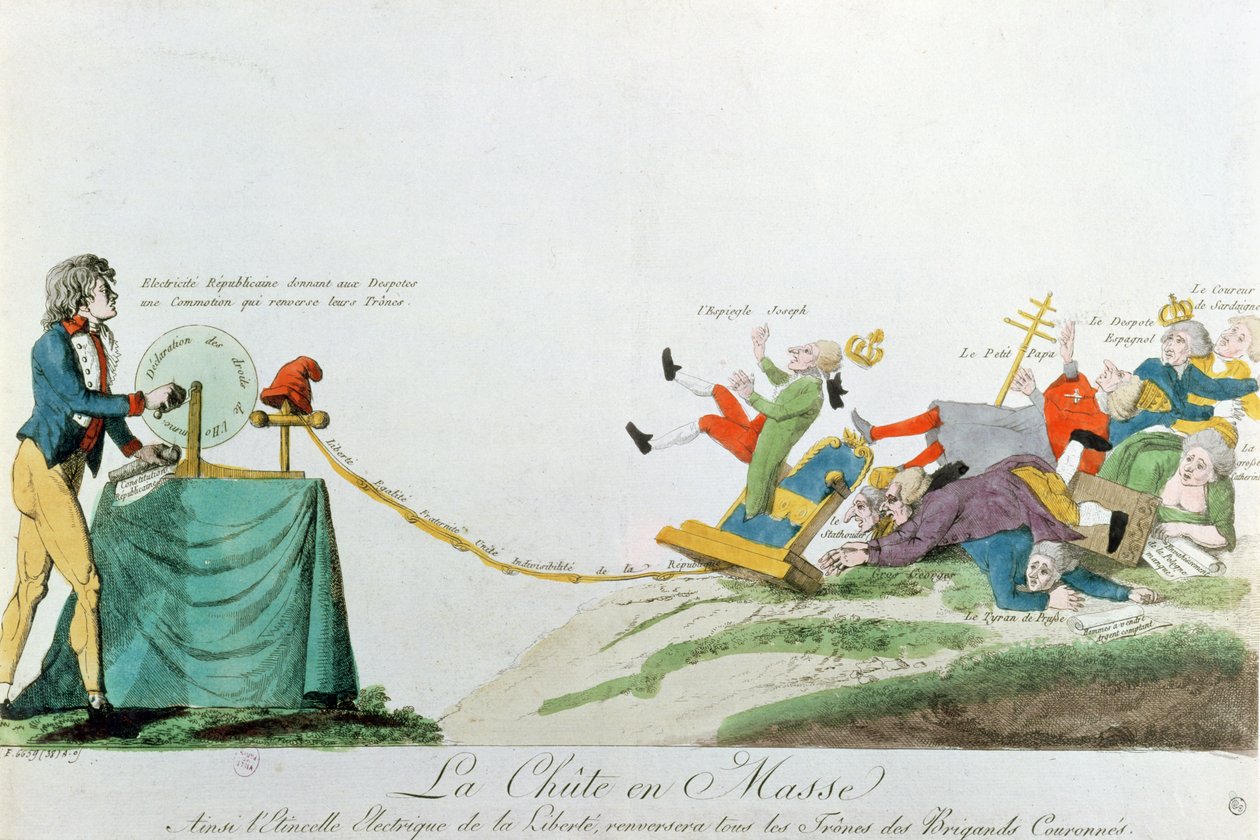 Minden összeomlik, a francia forradalom idején az Emberi Jogok Nyilatkozata által termelt elektromosság megdönti Európa trónjait és uralkodóit, 1793 körül. alkotó: French School