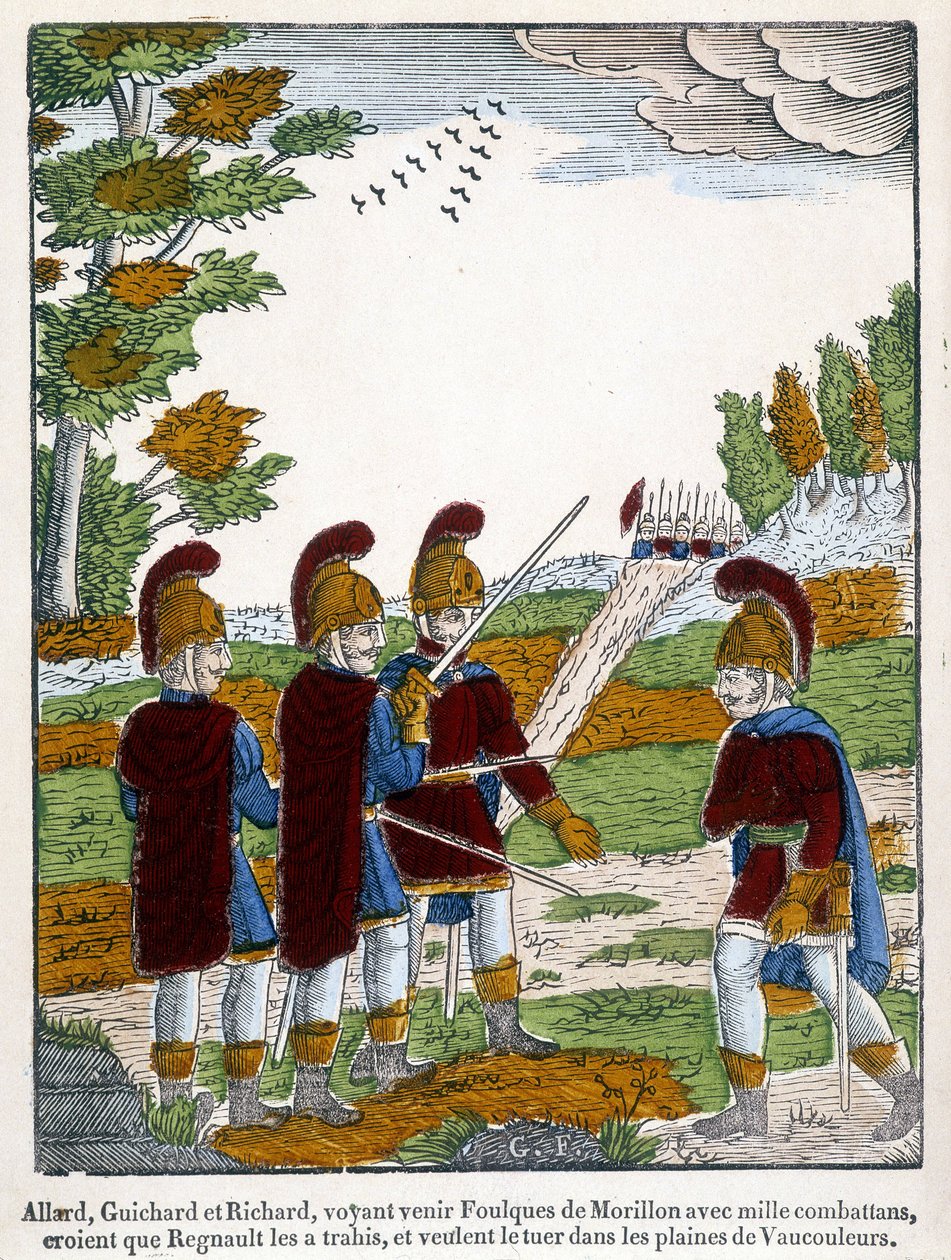 Allard, Guichard és Richard, látva, hogy Morillon Coots ezer harcossal érkezik, azt hiszik, hogy Regnaut elárulta őket, és meg akarják ölni Vaucouleurs síkságán. Epinal képe 1825-ből, amely az epikus költemény egy jelenetét ábrázolja az 1. év végéről alkotó: French School