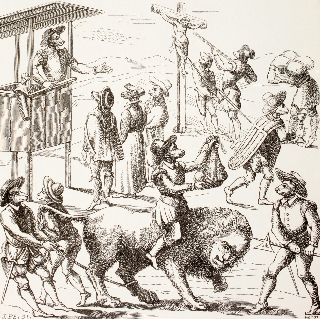 A hugenották által elkövetett túlzások allegorikus képe Paul Lacroix „Katonai és vallási élet a középkorban” című művéből, London, 1880 körül. alkotó: French School
