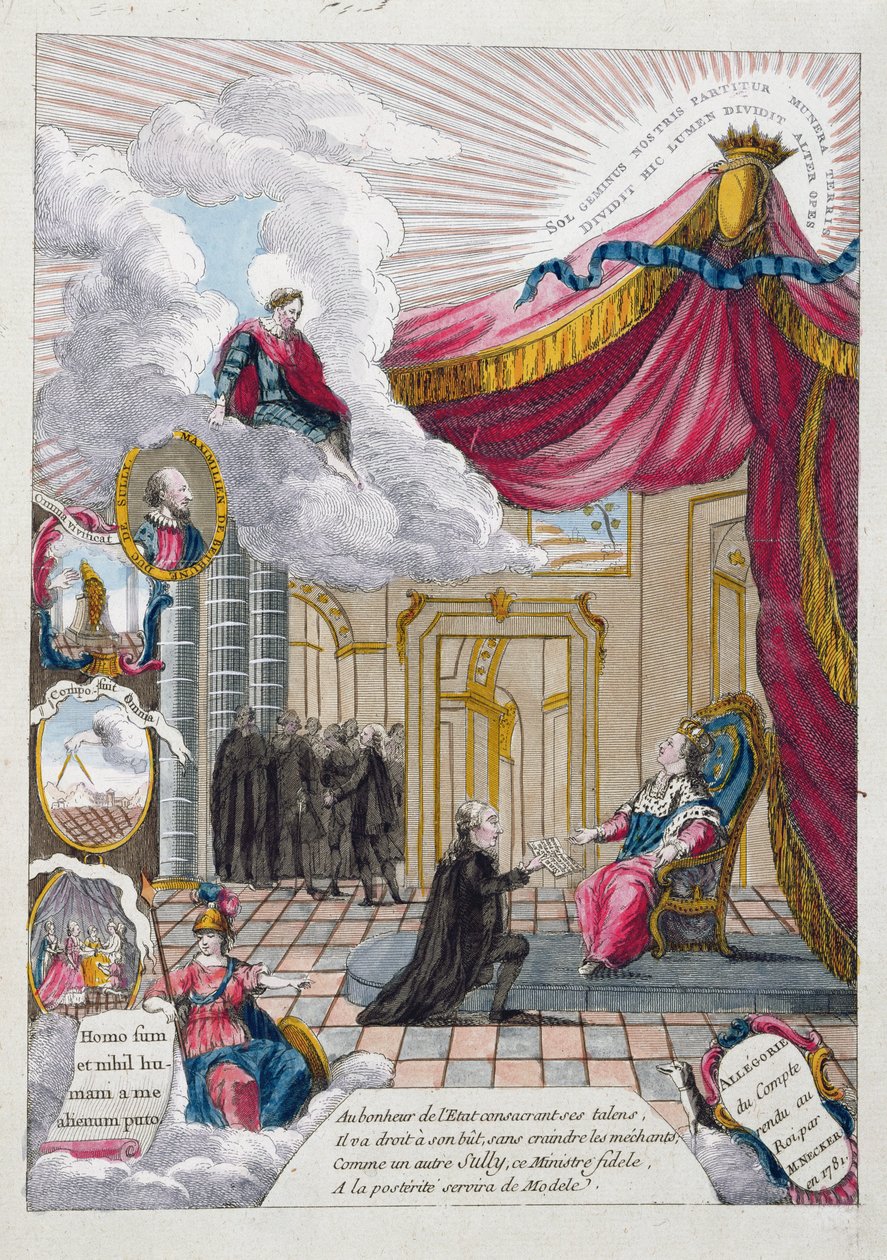 Jacques Necker (1732-1804) XVI. Lajosnak (1754-93) adott jelentés allegóriája 1781-ben (színes metszet) alkotó: French School