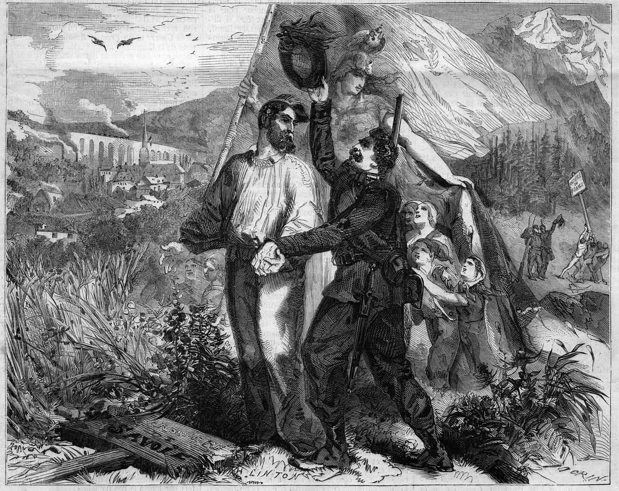Savoyának 1860-ban Franciaországhoz csatolásának allegóriája. Metszet a „” Le Monde Illustré”” 167. sz., 1860. június 23-án. alkotó: French School