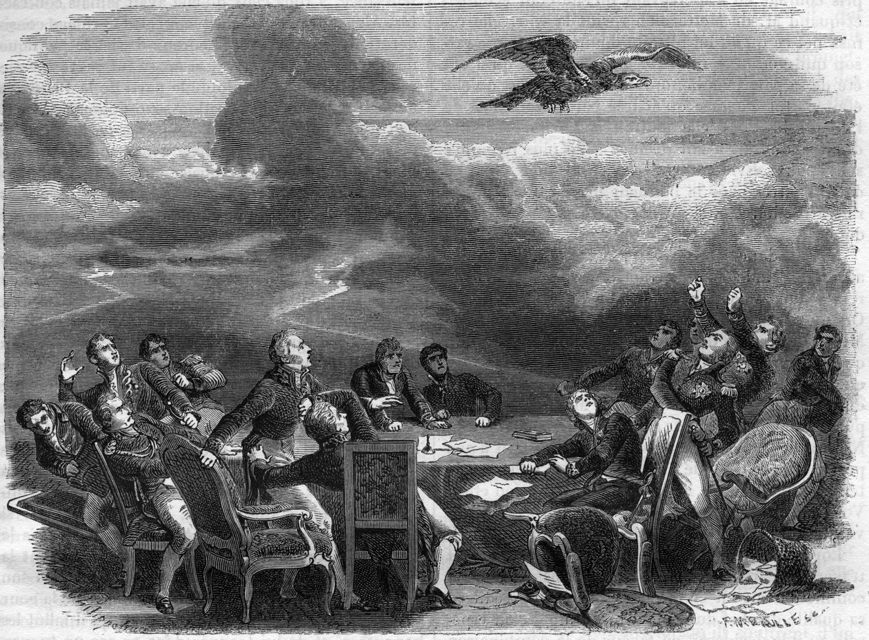 Az 1815-ös bécsi kongresszus végének allegóriája - a Napóleon partraszállását tanuló diplomaták rendkívüli izgatottsága - Adolphe Thiers „A birodalom története a konzulátus történetét követve” című művében - 1879 - magángyűjtemény alkotó: French School