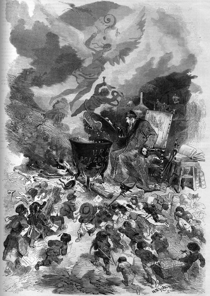 III. Napóleon 1870-es népszavazásának allegóriája. A népszavazási urna edényré válik, amelyben a népszavazás forrong. A tüzet a francia alkotmány öreg fájának holt fája táplálja. Edmond Morin metszete a „The Illustrous Worl” c alkotó: French School