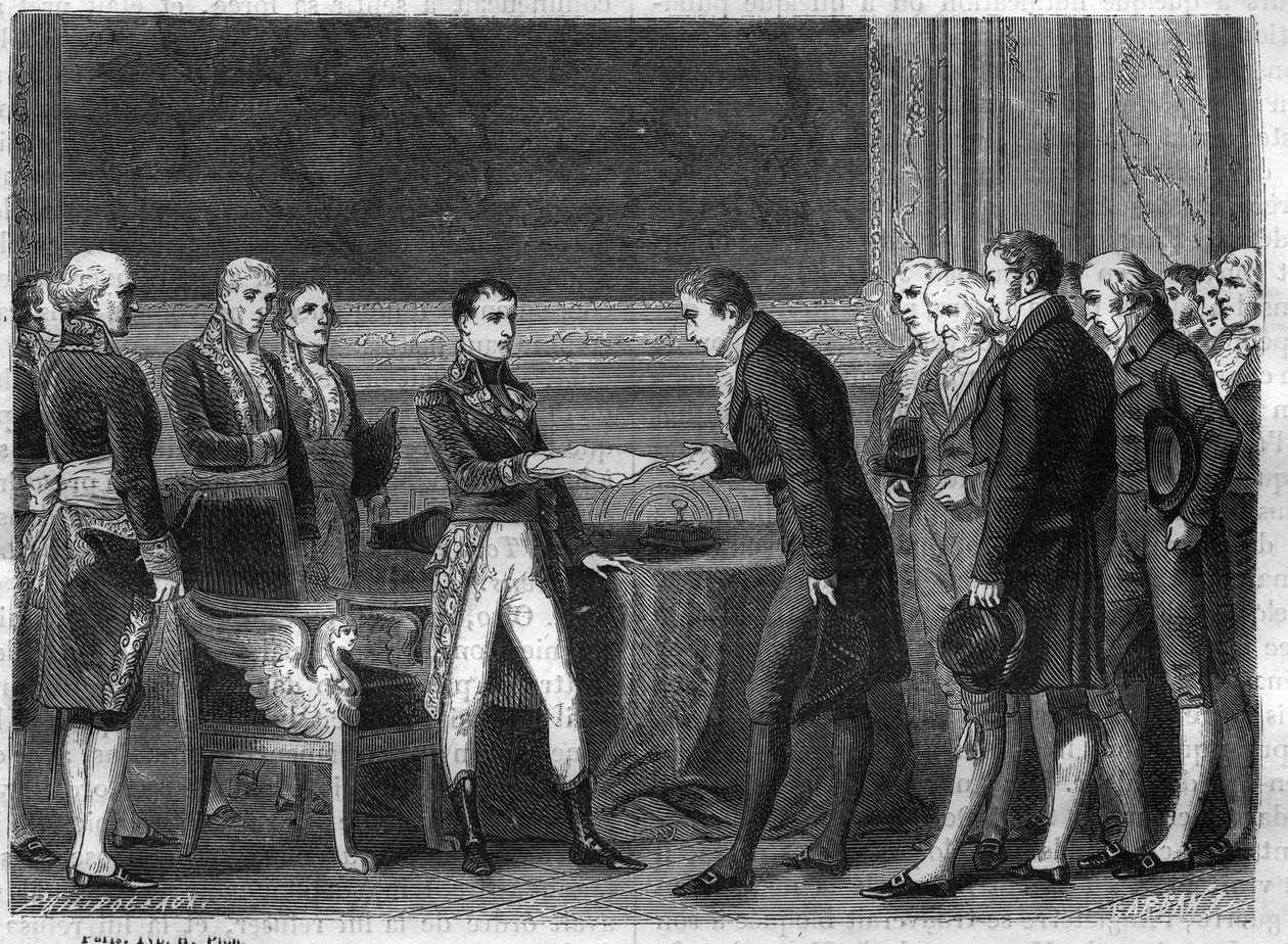 Bonaparte első konzul kiosztása a Helvét Köztársaság svájci képviselői között, 1802 novemberében a közvetítői aktus átadásával – Louis Adolphe Thiers „Histoire du Consulate et de l