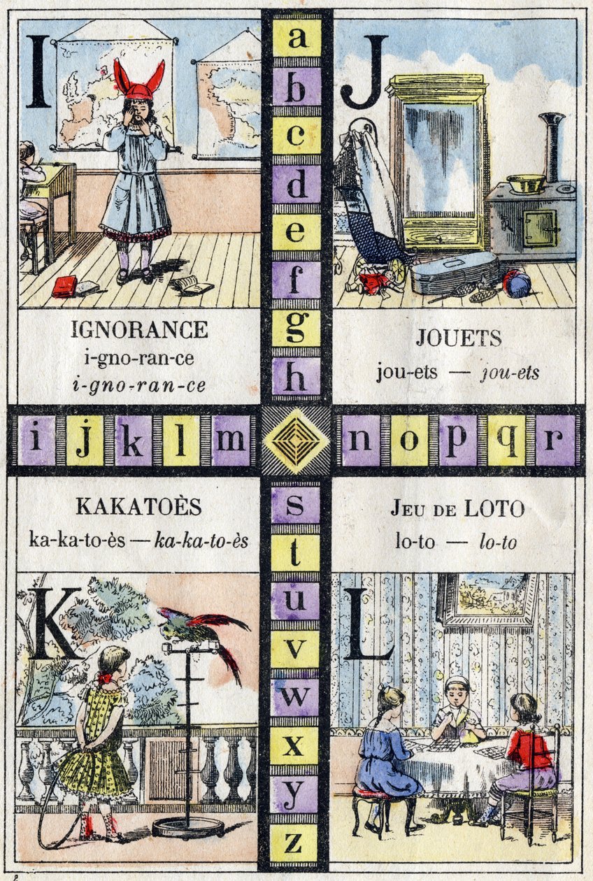 Ábécé és betű I J K és L, tudatlanság, játékok, kakatók és lottójáték. A kislányok ABC-je. Epinális képalkotás alkotó: French School