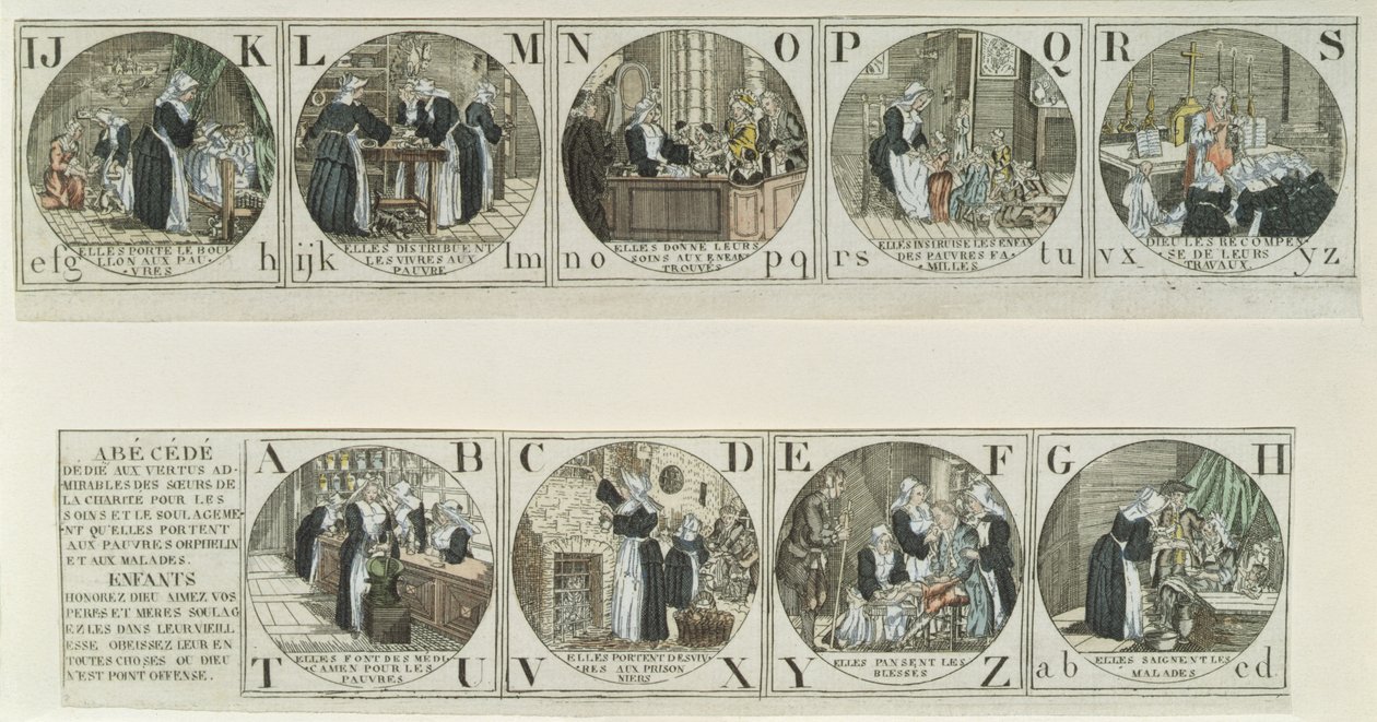 Ábécés alapozó, amely a Szeretetnővérek munkáját ábrázolja, tizenkilencedik század eleje (színes metszet) alkotó: French School