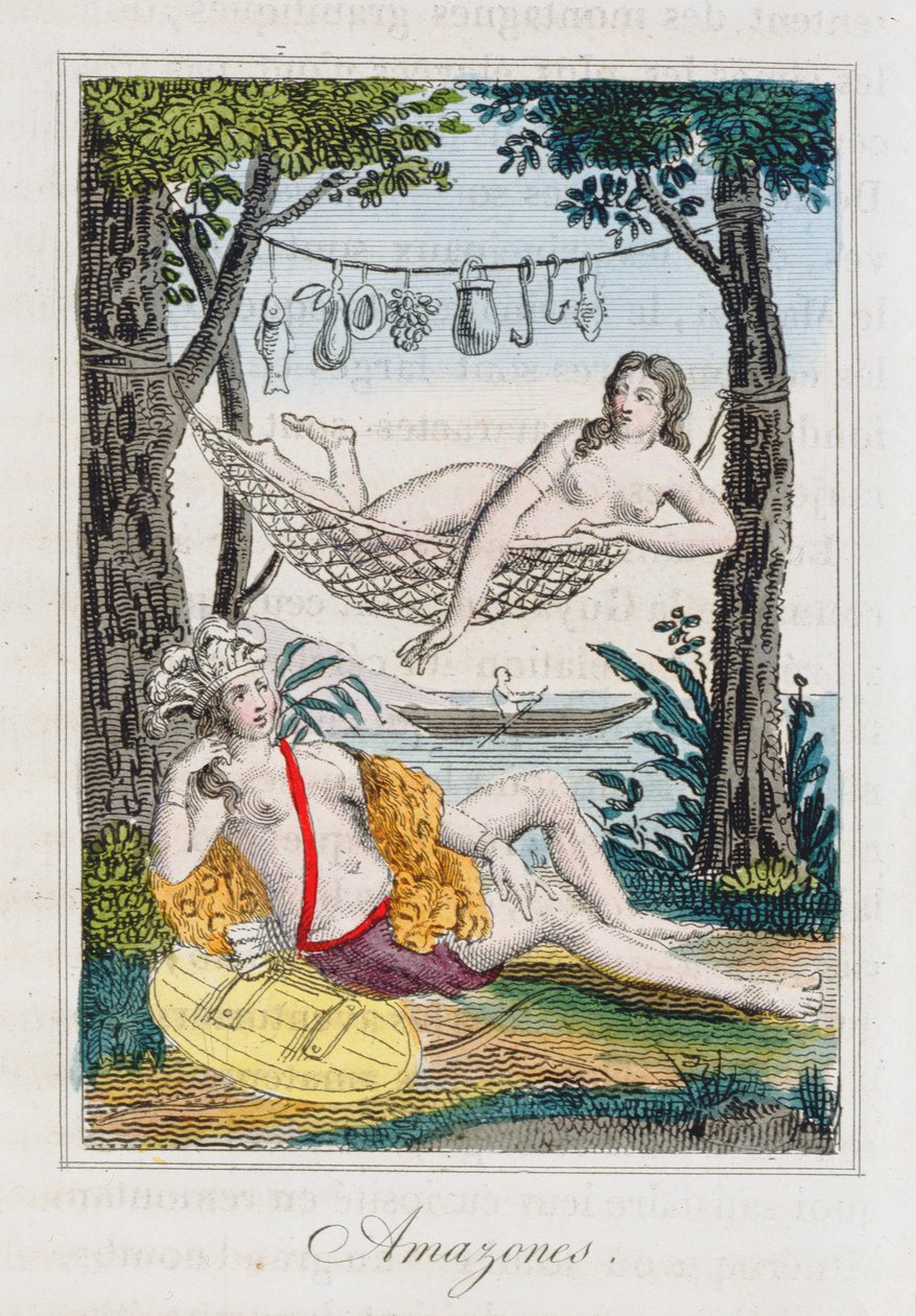 Amazonok, illusztráció: J. Dufay: A világ körüli utazás története, kiadó: Courvalet & Co., Párizs, 1826 (színes metszet) 1826 (színes gravírozás) alkotó: French School