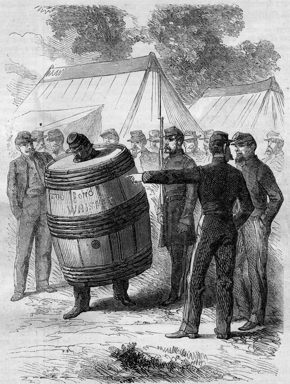 Amerikai polgárháború (1861-1865): a Confedere hadsereg részeg katonájának megbüntetése. Hordószúrót visel, és más katonák mulatságos tekintete alatt sétál át a táboron. Metszet a „” Le Monde Illustré”” 276. számában, 1862. július 26. alkotó: French School