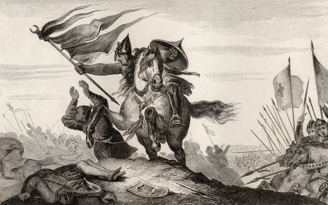 Egy 8. századi francia lovag csatában, Colart "Histoire de France" című művéből, amely 1840 körül jelent meg (metszet). alkotó: French School