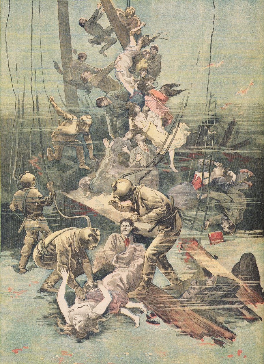 Baleset Santanderben, Búvárok az áldozatok holttestét keresik, illusztráció a „Le Petit Journal”-ból, 1893. november 25. alkotó: French School