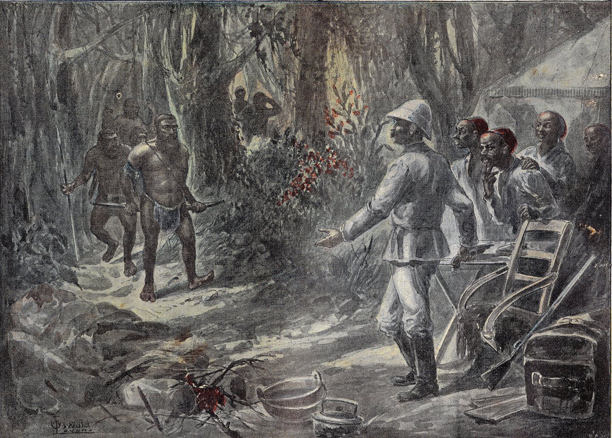 Egy angol utazó, Lloyd Afrika felfedezése közben fedezi fel a Pygmeest. Metszet a „” Le Pelerin”-ben” 1899.08.04. alkotó: French School