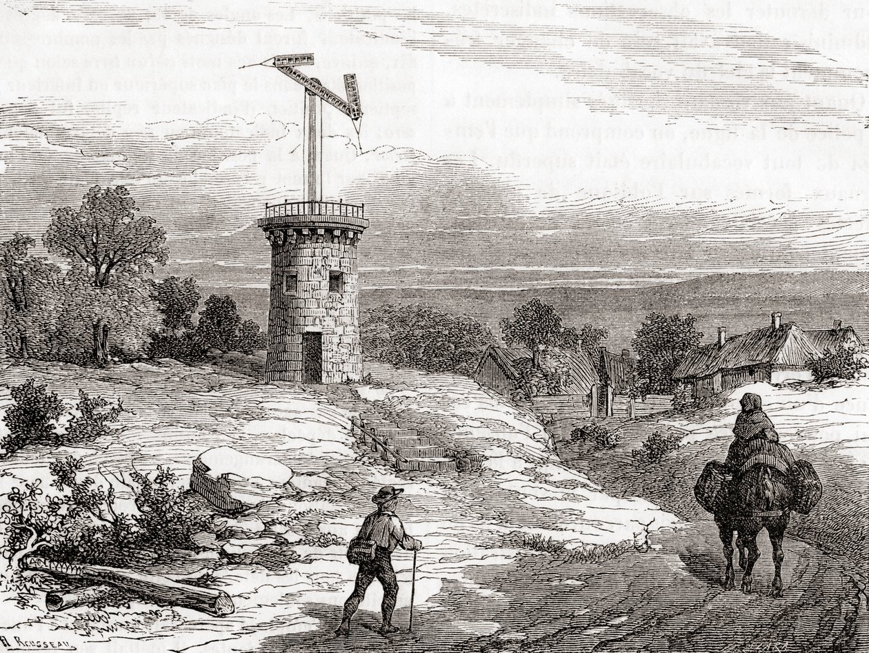 Légi távíróállomás a 18. században, a Les Merveilles de la Science-től, 1870 körül megjelent (metszet) alkotó: French School