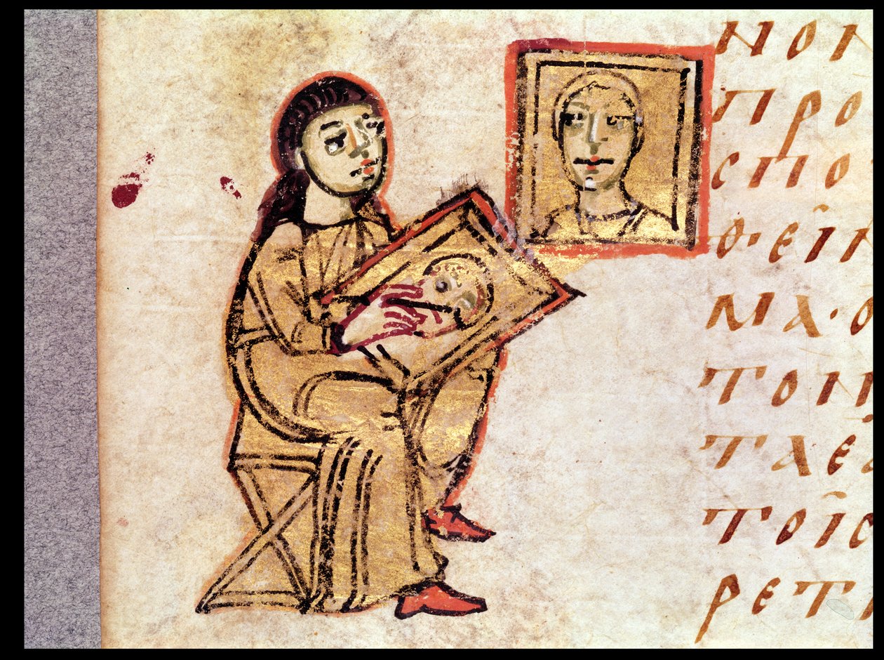 Egy művész, aki egy festményt másol, Damascene Szent János Sacra Parallelájából (i. e. 754) alkotó: French School