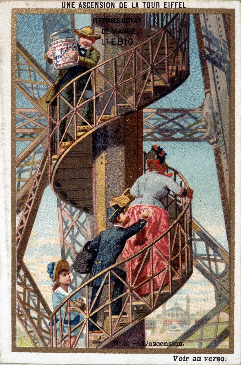 Az Eiffel-torony felemelkedése: a lépcső mellett - chromo. Liébig, deb. 20. század alkotó: French School