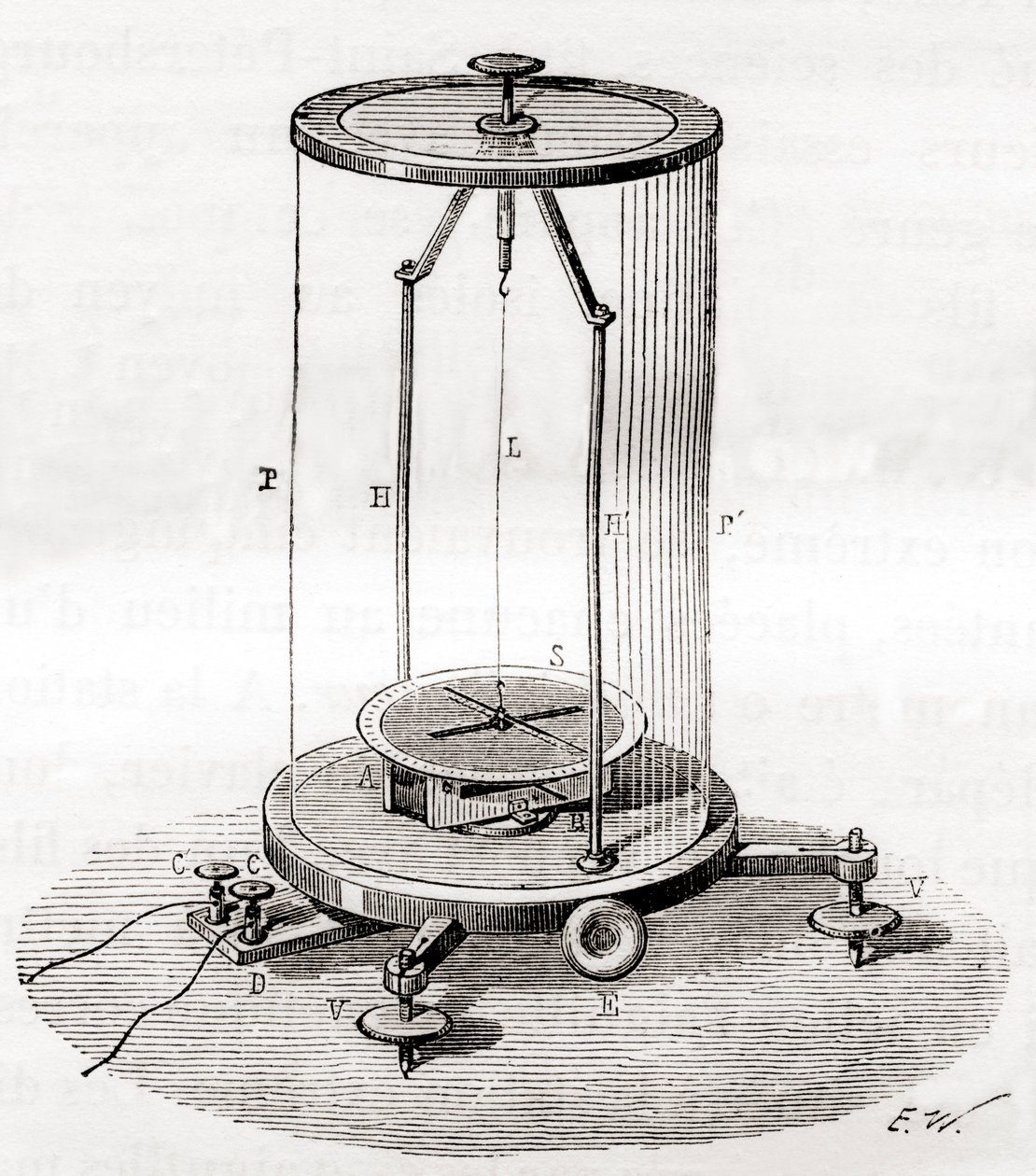 Egy korai galvanométer, egyfajta amperéter, egy mérőműszer, amelyet az áramkörben folyó elektromos áram mérésére használnak, a Les Merveilles de la Science című, 1870 körül megjelent kötetből (metszet). alkotó: French School