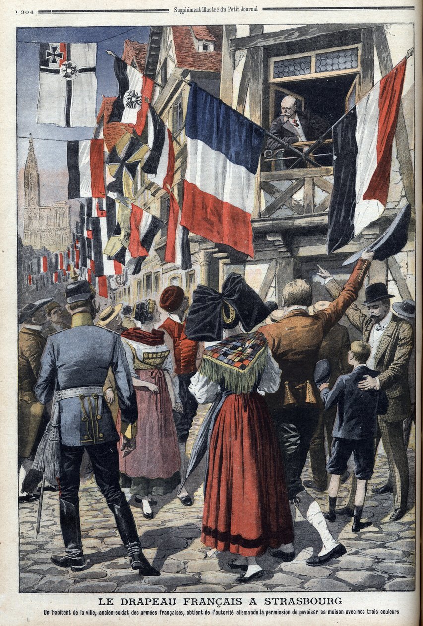 Egy idős francia katona a németek által megszállt Strasbourgban kitűzheti a francia zászlót – „Le Petit Journal” 1908. szeptember 20. (metszet) alkotó: French School