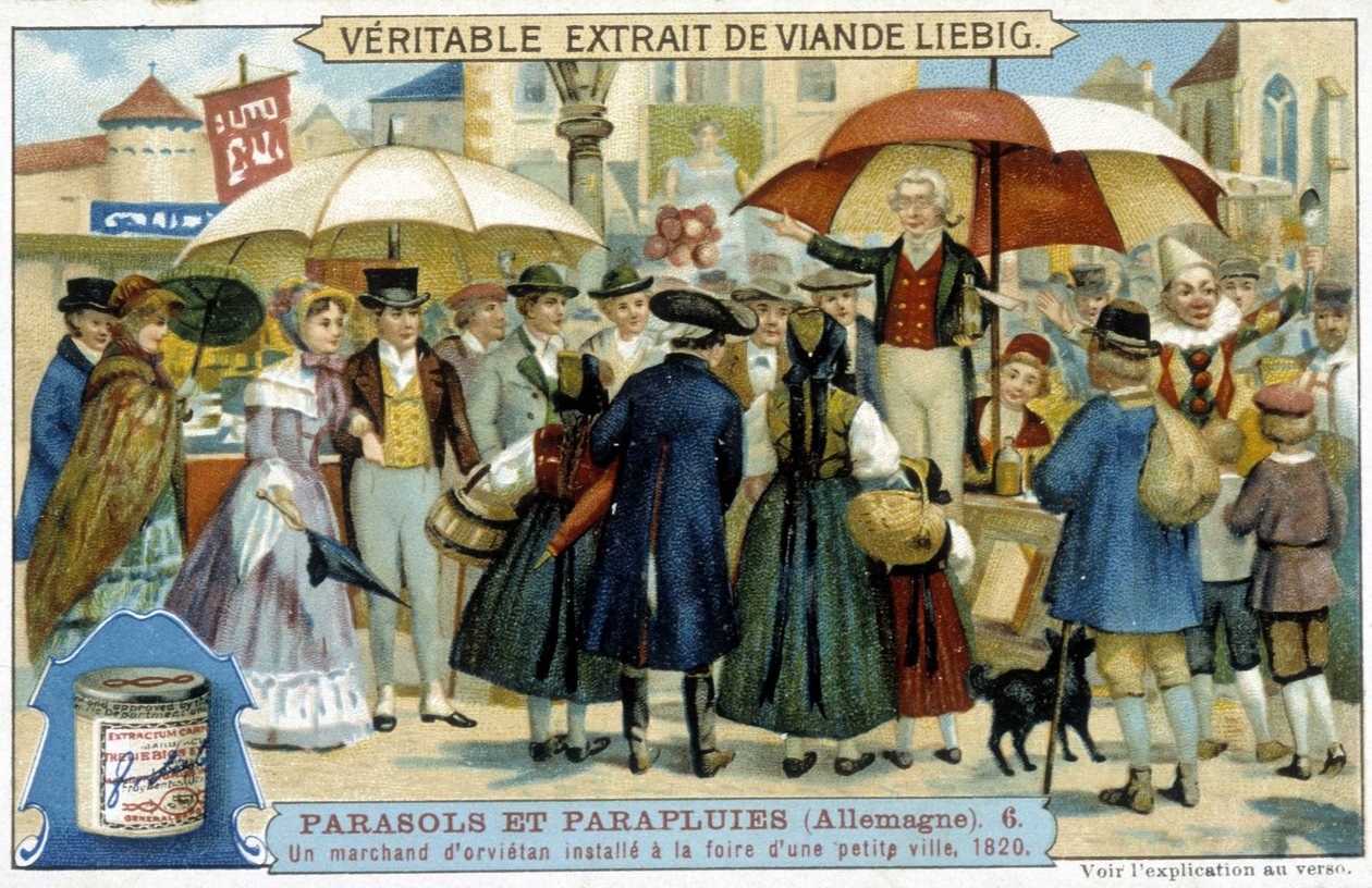 Egy orvietai kereskedő (sarlatán) egy németországi kisváros vásárára telepített - Liébig reklámcímke, v.1900 alkotó: French School