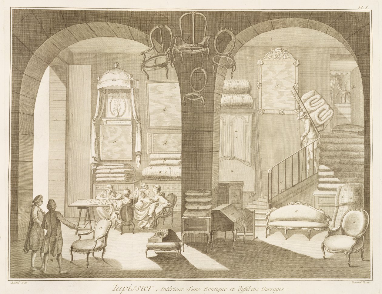 Egy kárpitosbolt, Denis Diderot (1713-84) Encyclopedie des Sciences et Metiers-ből, 1770 körül. alkotó: French School