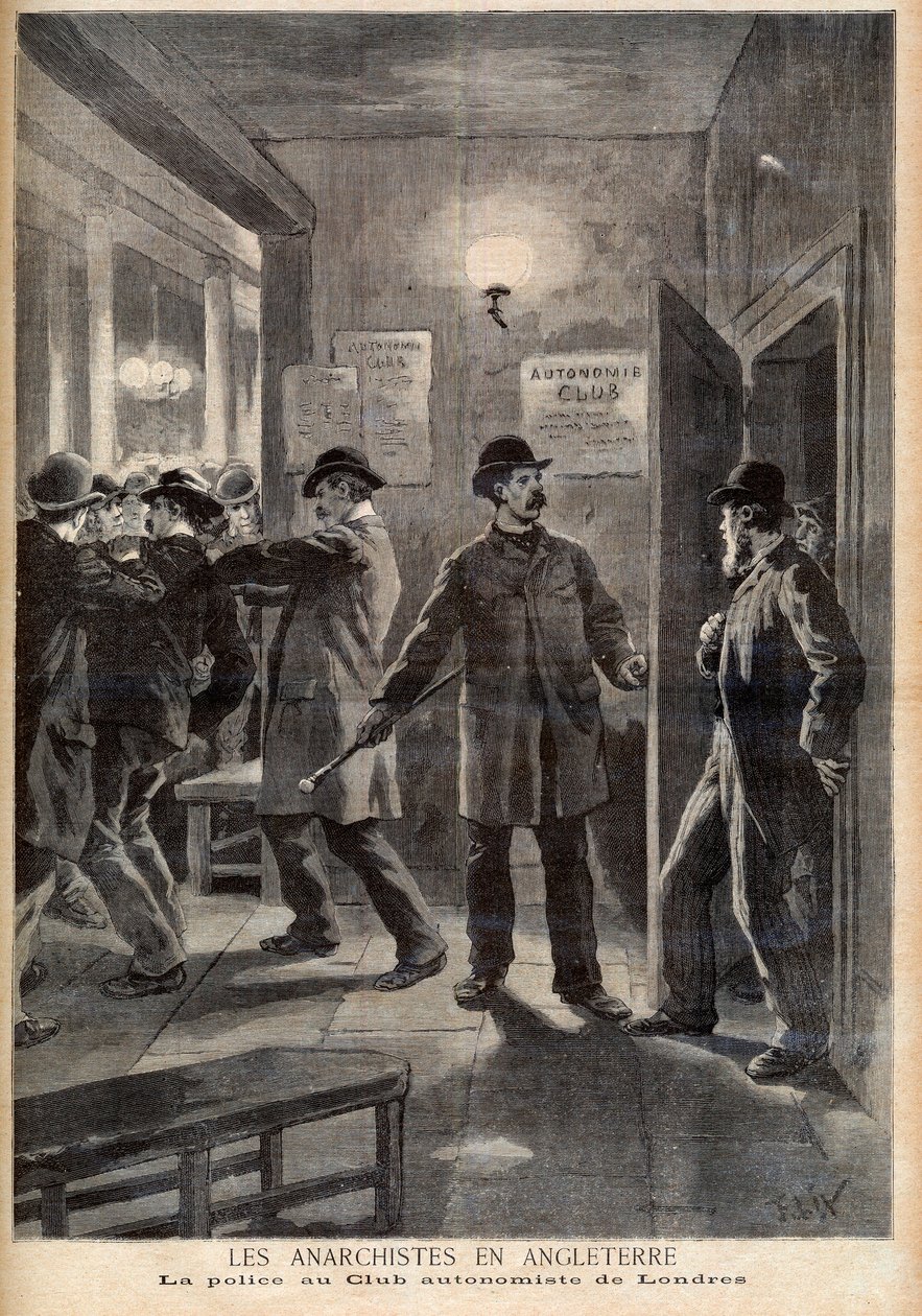 Anarchisták Angliában. A rendőrség razziát tartott a londoni Autonomy Clubban. Anarchisták Angliában. Rendőrség a London Autonomist Clubban. Illusztráció a Le petit Journal számára, 1894. március 5 alkotó: French School