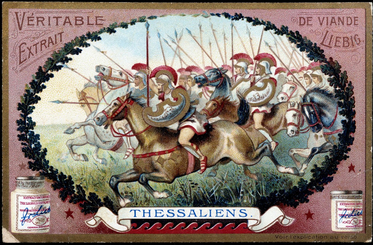 Ancient Greece: Thessaly in the antiquit. Thessalian cavalry attack against the Romans. Liebig chromolithography from the end of the 19th century. alkotó: French School