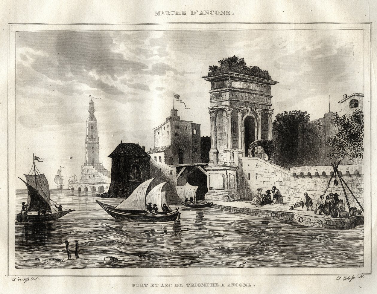 Ancona - Ancona - Olaszország - Traianus íve, Apollodoro-nak tulajdonított ókori római alkotás - A boltív Anconában van elhelyezve - Metszet a „” Italy Festői”-ből” - Olaszország történelmi és leíró festménye”, M. de Norvins, Ch. Nodier 1834-1836. alkotó: French School