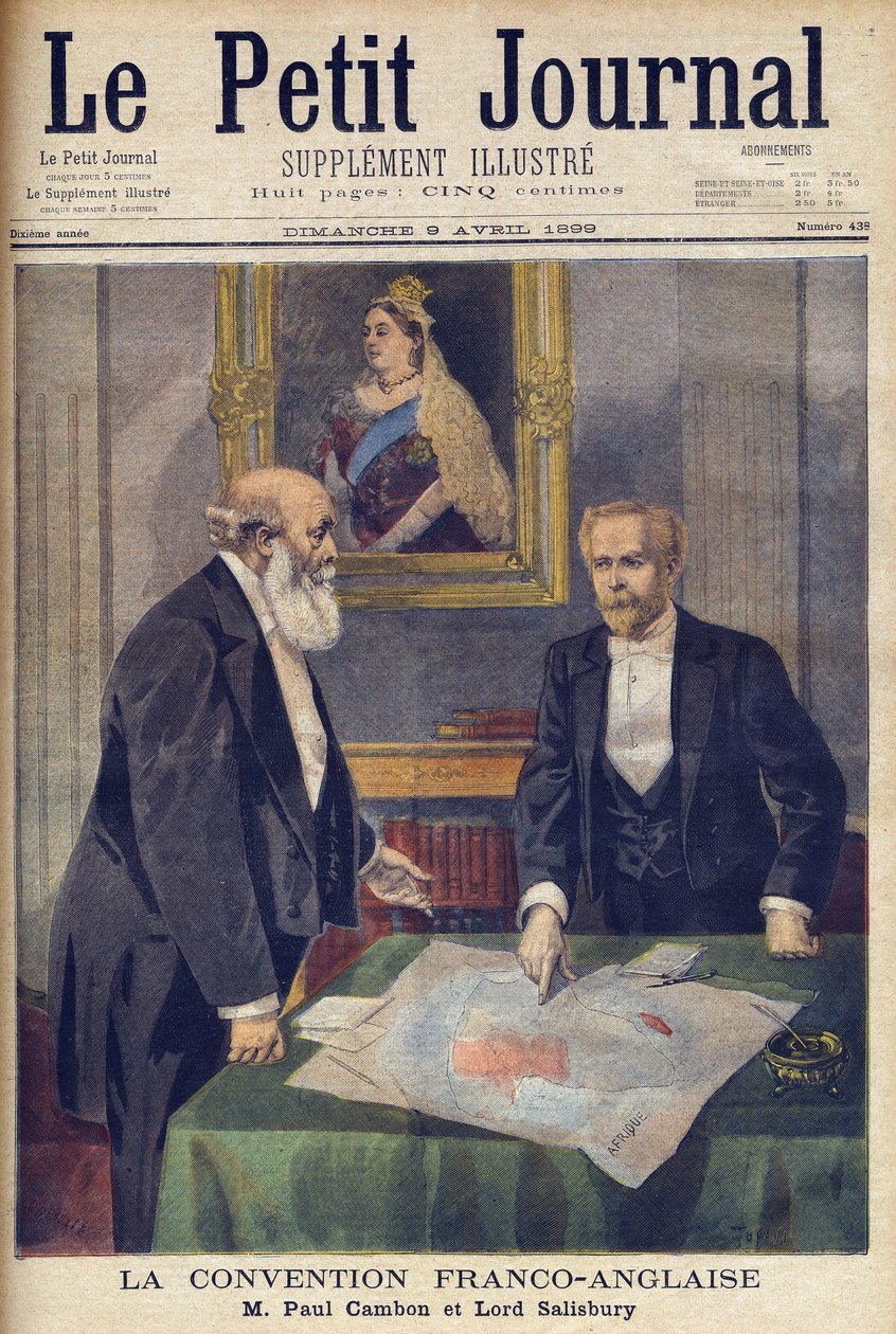 Paul Cambon (1843-1924) és Lord Salisbury (1830-1904) által Londonban aláírt angol-francia egyezmény a „Le Petit Journal”-ból, 1899. április 9. (metszet) alkotó: French School