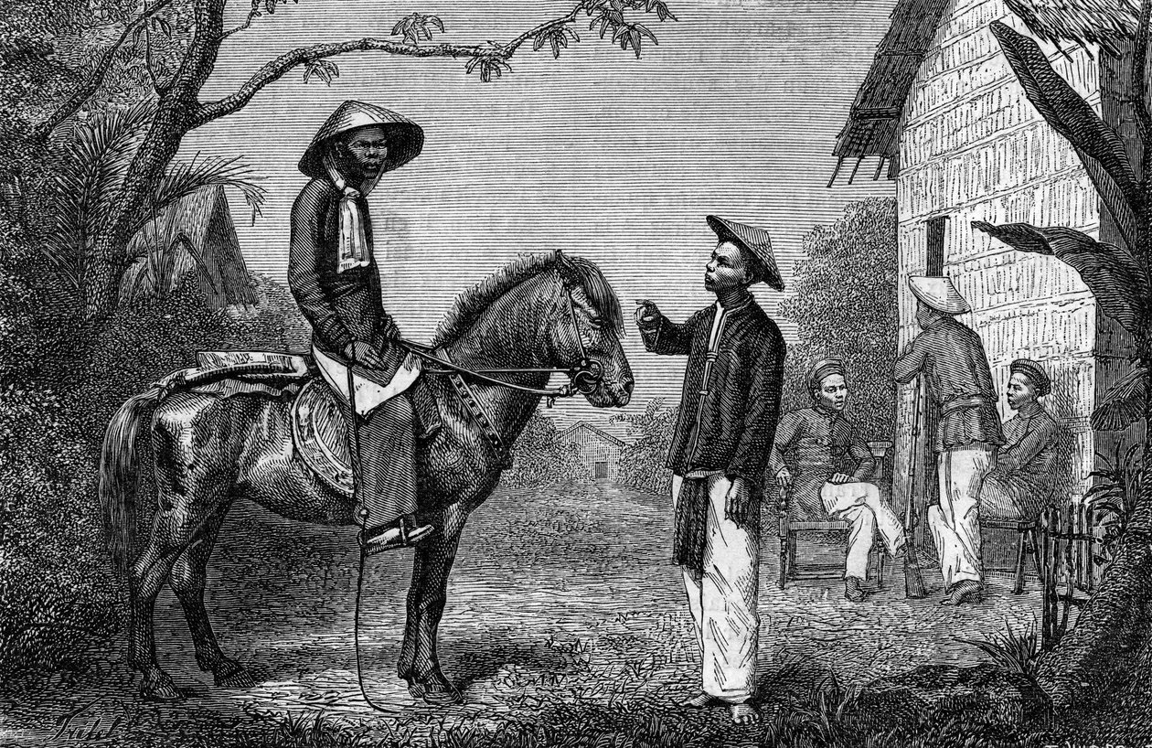 Annamite Skirmishers Indokínában. Metszet a „The Journal of Youth”-ban alkotó: French School