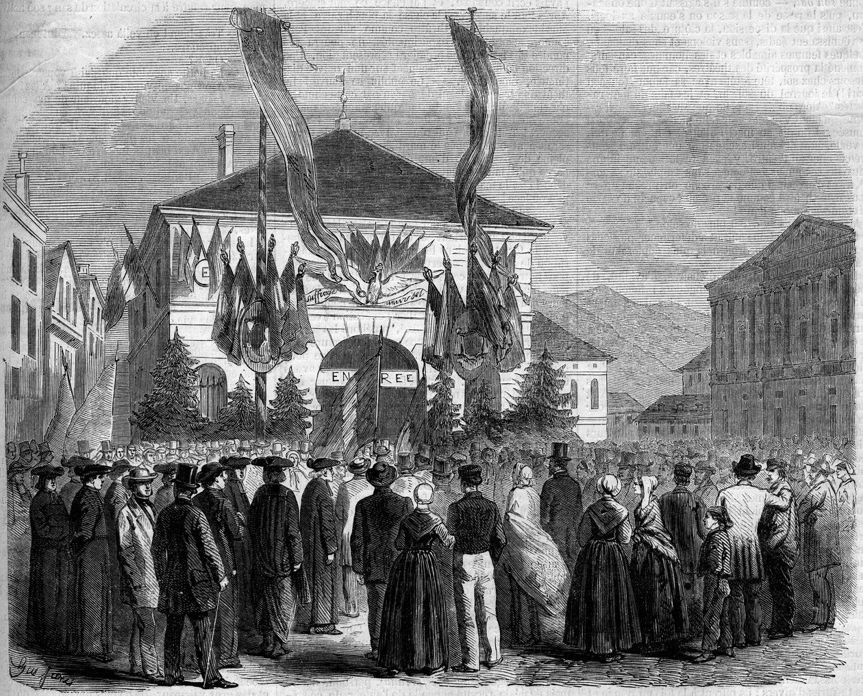 Savoie Franciaországhoz csatolása, Chambery, 1860. április 22.: a lakosság szavazata Savoie Franciaországhoz csatolásáról. Metszet a „” Le Monde Illustré”” 160. számában, 1860. május 5. alkotó: French School