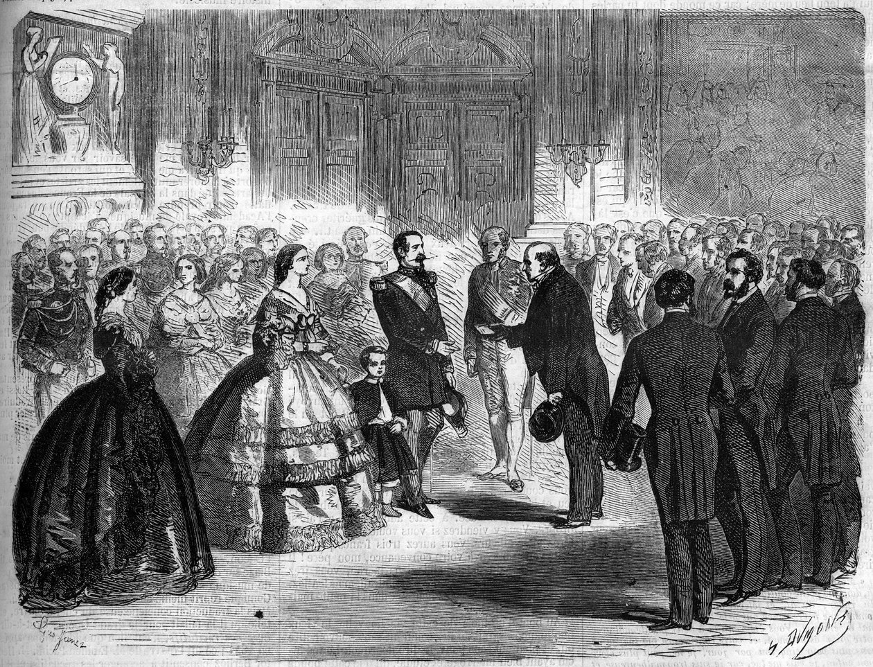 Savoyának Franciaországhoz csatolása, Párizs, 1860. március 22.: Amedee Greyfie de Bellecombe (1811-1879) és Savoyai deputációjának fogadása III. Napóleon császár (1808-1873) és Impress Eugenie de Montijo (1826-1920) által Tuileriák. Metszet „” Le Mo-ban alkotó: French School