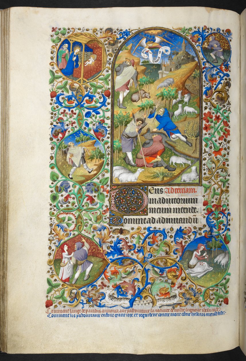 Közlemény a pásztoroknak, Add Ms 18850 f.70v Book of Hours (The Bedford Hours) c.1410-30 (tinta, szín és arany pergamen) alkotó: French School