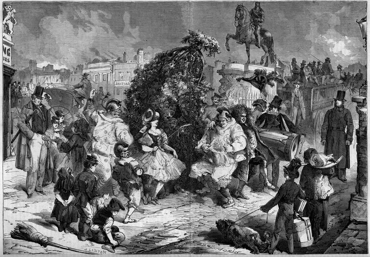 A kis kémények éves ünnepe London utcáin, Angliában, 1860 májusában. A tavasz beköszöntét ünneplő tánc közben egy gyerek kecsegtet a nézőkkel; Metszet a „Le Monde Illustré” 160. számában, 1860. május 12. alkotó: French School