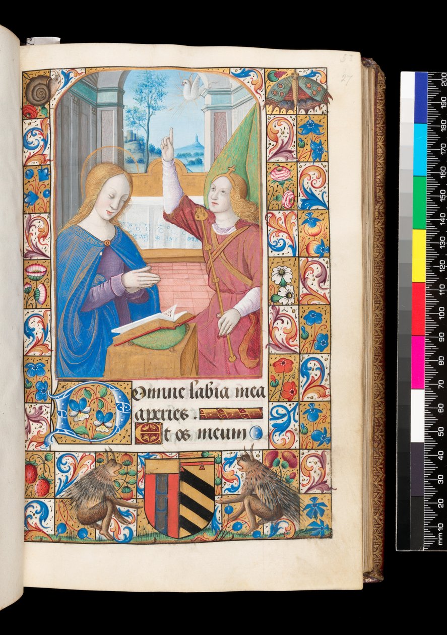 Annunciáció az Órakönyvből, MS 92 f.27r, Nyugat-Franciaország alkotó: French School