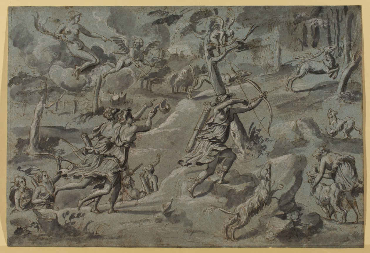 A Diana gobelinmestere után névtelen, társaival vadászó Diane, Amour íjász célpontja, c. 1590-1600, szürke mosás alkotó: French School