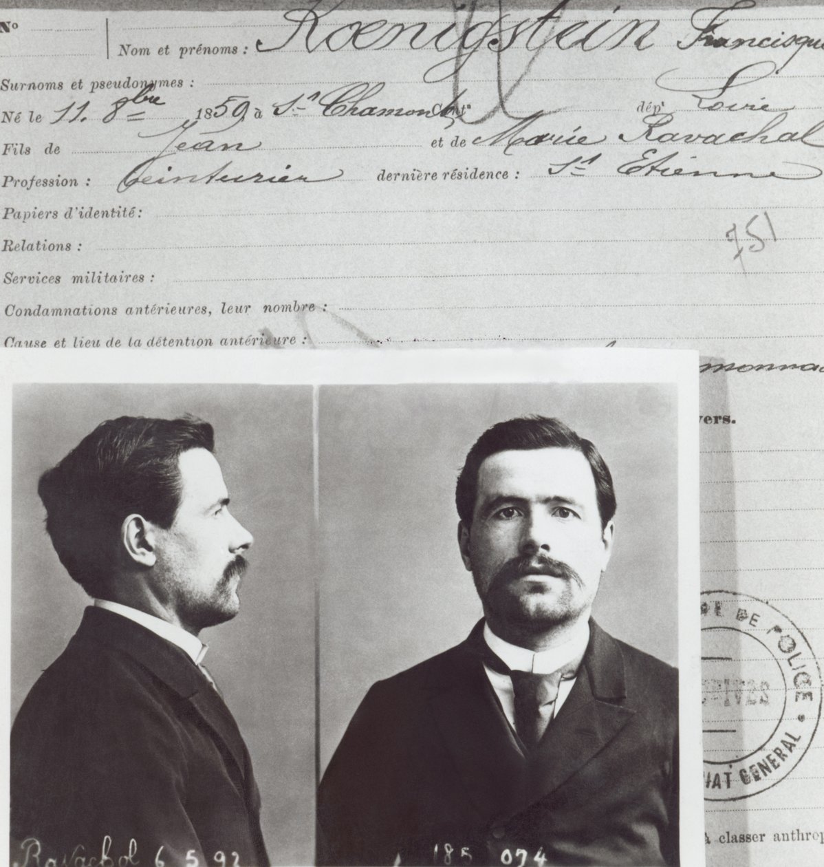 Francois Claudius Koenigstein antropometrikus formája, az úgynevezett Ravachol (1859-92), alkotó: French School