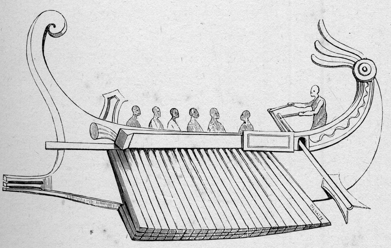 Az Antik Galere három sor evezővel rendelkezik. Metszet: „La Marine et les colonies: kereskedelem” alkotó: French School