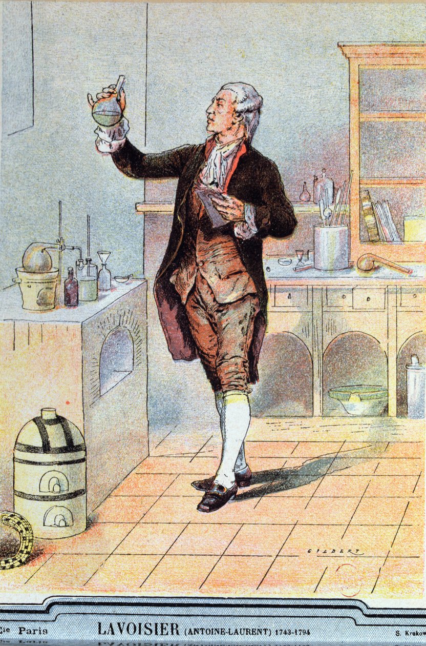 Antoine Laurent de Lavoisier (1743-94) illusztrációja egy iskolai tankönyvből, 1900 körül alkotó: French School