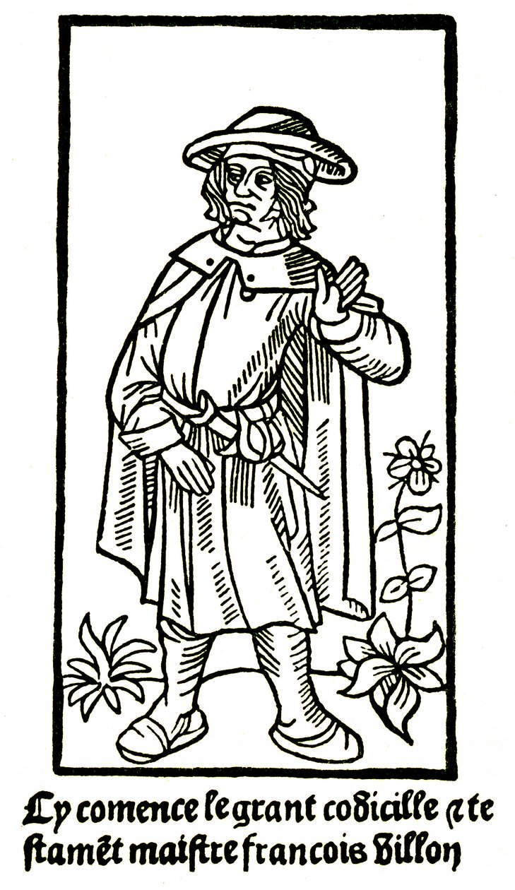 Francois Villon költő apokrif portréja a „The Grand Testament”-ben - „Cycommence le grant codicille & testamet maistre Francois Villon”” (itt kezdődik a grand codicille et testament) kiadás P Levet 1489 (fametszet) alkotó: French School