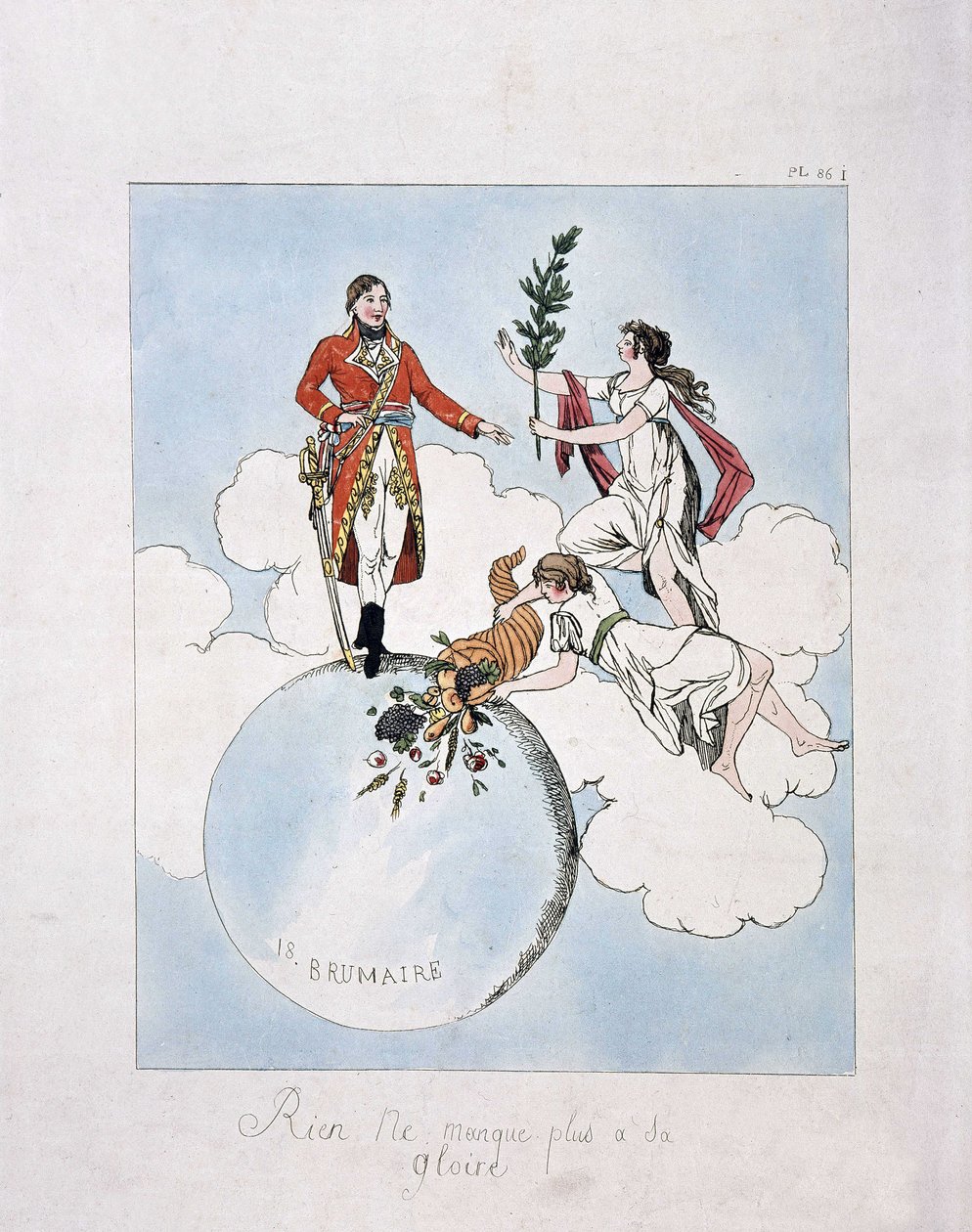 Napóleon-Bonaparte apoteózisa a 18. brumaire-i puccs alatt, VIII. év (1799.11.9.). (nimfák babérral és bőségszaruval ajándékozzák meg) alkotó: French School