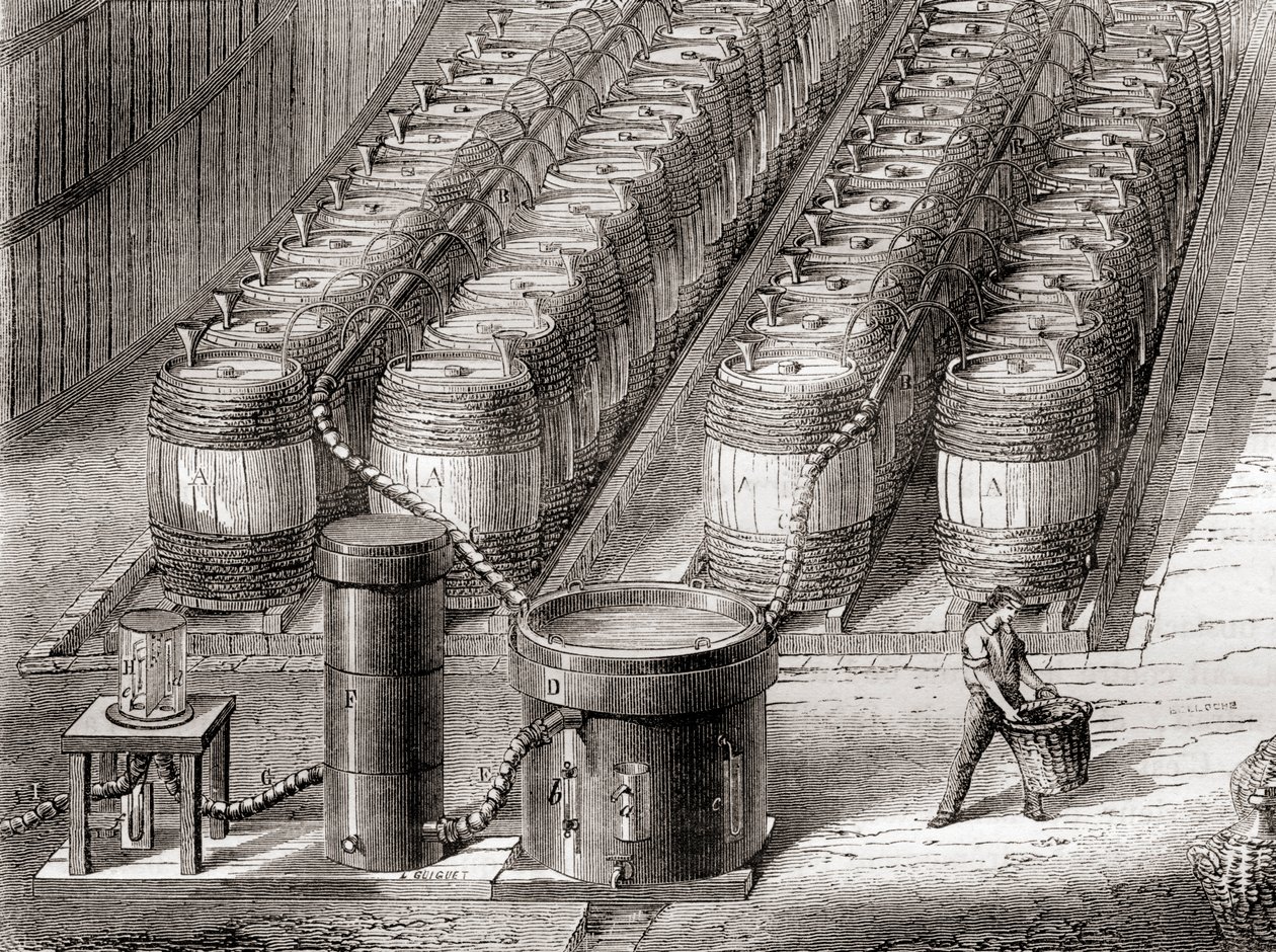 Hidrogéngáz előállítására használt készülék, kénsav vason történő hatására ballon töltésekor, a „Les Merveilles de la Science” kiadványból, 1870 körül (litho) alkotó: French School