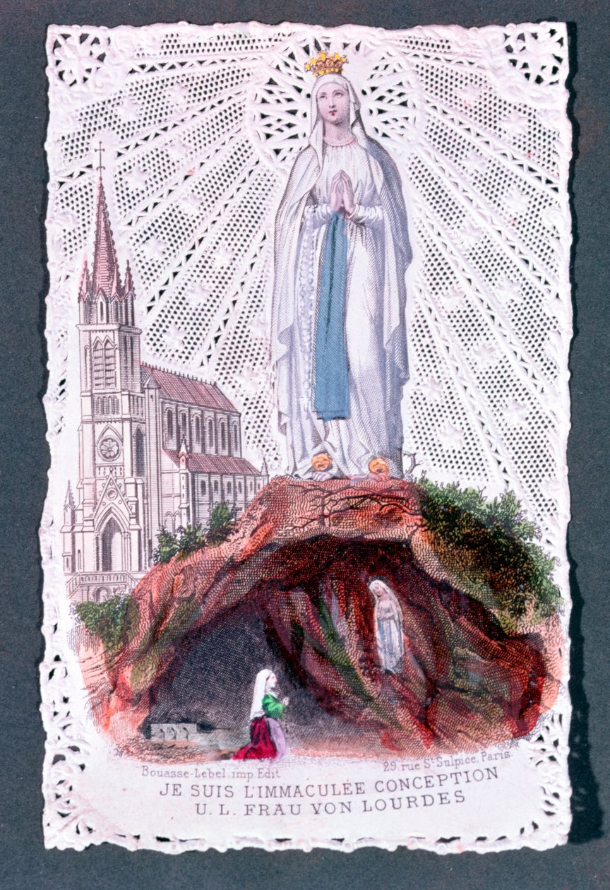 Lourdes-i Szűzanya jelenése, vésette Bouasse-Lebel, 1867 körül (színes metszet csipkepapírra) alkotó: French School