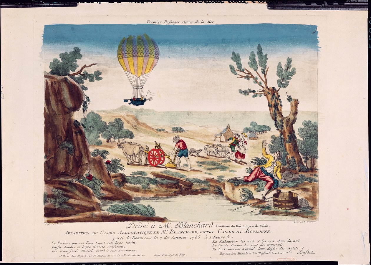 Jean Pierre Blanchard (1753-1809) hőlégballonjának felbukkanása Calais és Boulogne között, 1785 alkotó: French School
