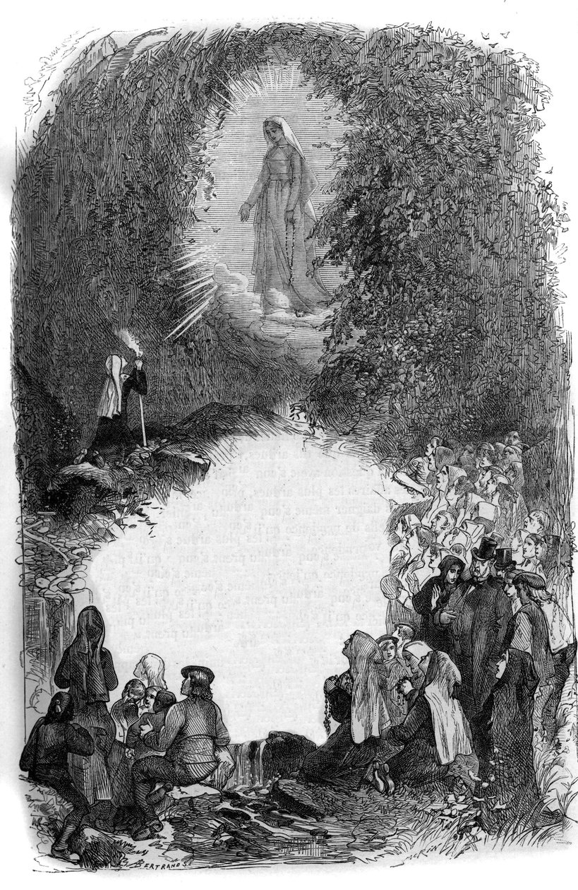 Szűz Mária megjelenése Bernadette Soubirousnak (1844-1879) a Lourdes-i barlangban, Hautes Pyrenees (65) alkotó: French School