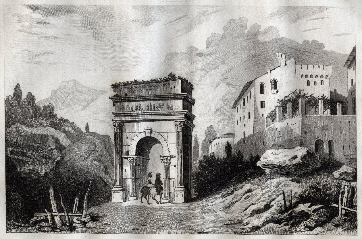 Augustus boltíve (Susa) - Augustus íve (Susa) - Arco di Augusto (Susa) - Metszet a „” Olaszországból Festői” – Olaszország történelmi és leíró festménye”, M. de Norvins, Ch. Nodier 1834-1836. alkotó: French School
