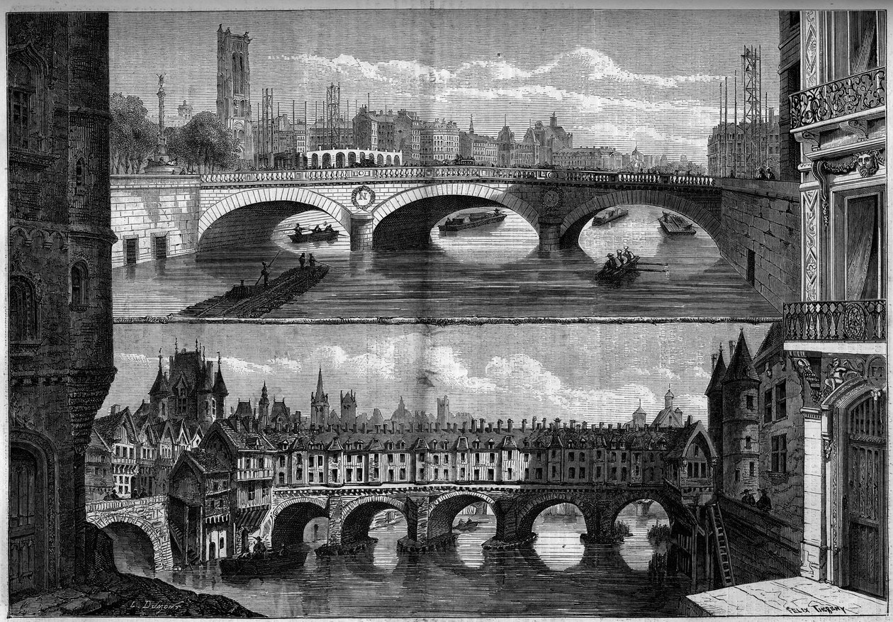 Építészet, Párizs: az 1660-ban épült régi híd au Change (1639-1647) és az 1860-ban épült új híd látképe. Metszet a „” Le Monde Illustré”” 184. sz. 1860. október 20-án. alkotó: French School