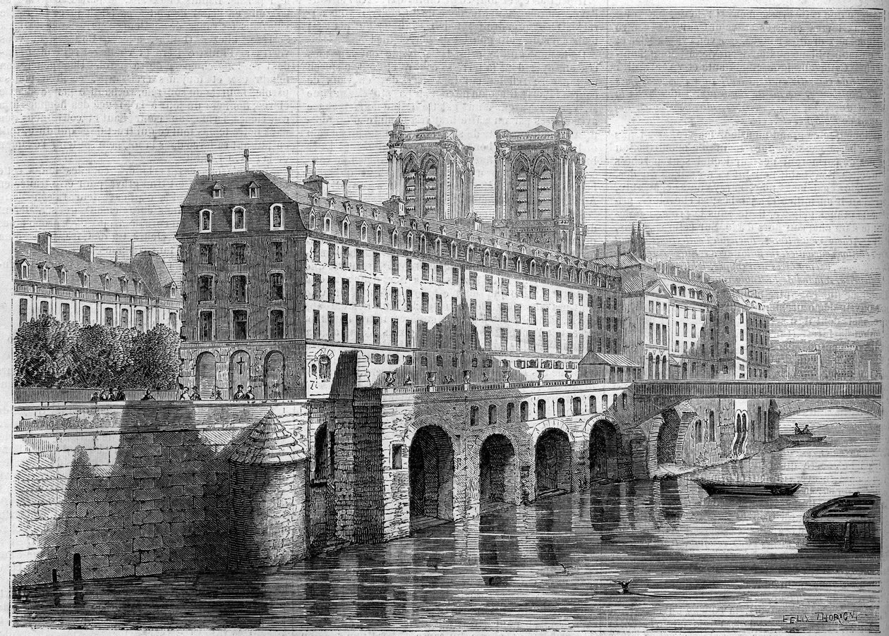 Építészet: a párizsi Ile de la Cite-on lévő Hotel Dieu külső képe a bontás előtt. Kilátás a Quai de la Tournelle-ről 1859-ben. Metszet a „” Le Monde Illustré”” 136. számában, 1859. november 19.. alkotó: French School