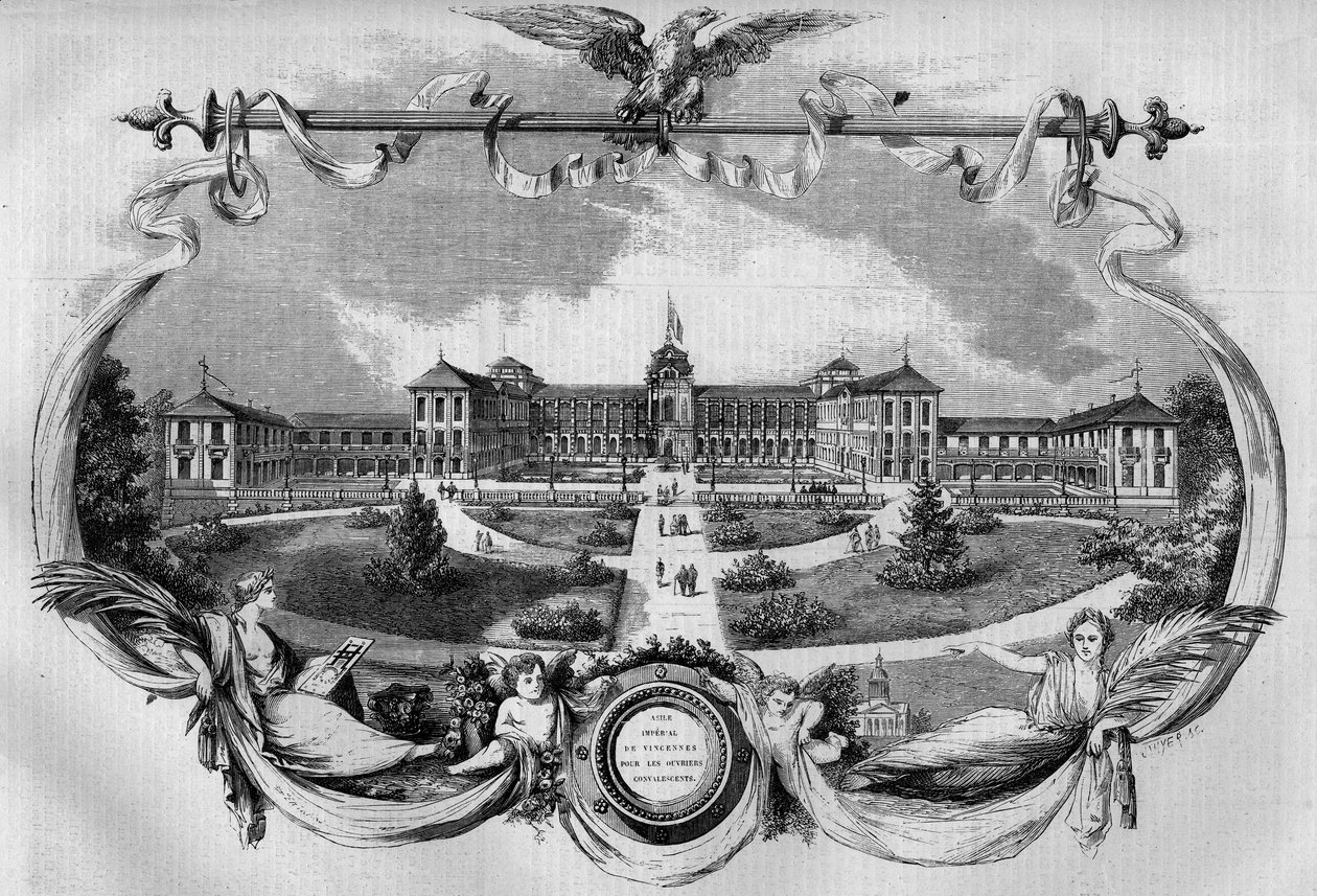 Építészet: az 1857-ben felavatott, lábadozó munkások számára „Vincennes császári menedékhelyként” ismert kórház homlokzata. Ma „Szent Maurice Nemzeti Kórháznak” hívják, Saint Maurice (94). Metszet a „” Le Monde Illustré”” 20. számában, augusztus 29. 1 alkotó: French School