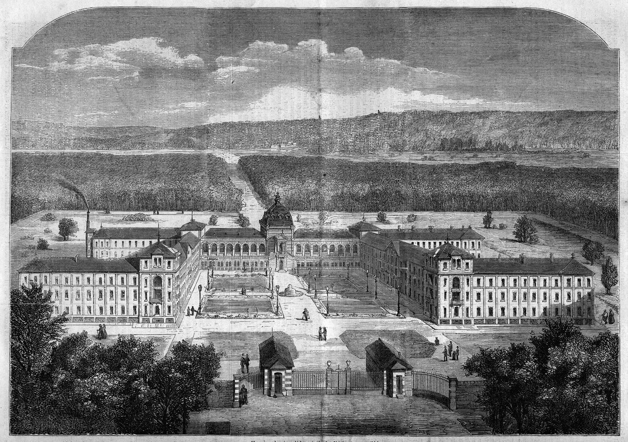 Építészet; Eugene Laval (1818-1869) építész tervei alapján épült és 1859-ben felavatott Vesinet Imperial Asylum lábadozó munkásainak általános képe. Metszet a „” Le Monde Illustré”” 77. sz. 1858. október 2-án. alkotó: French School