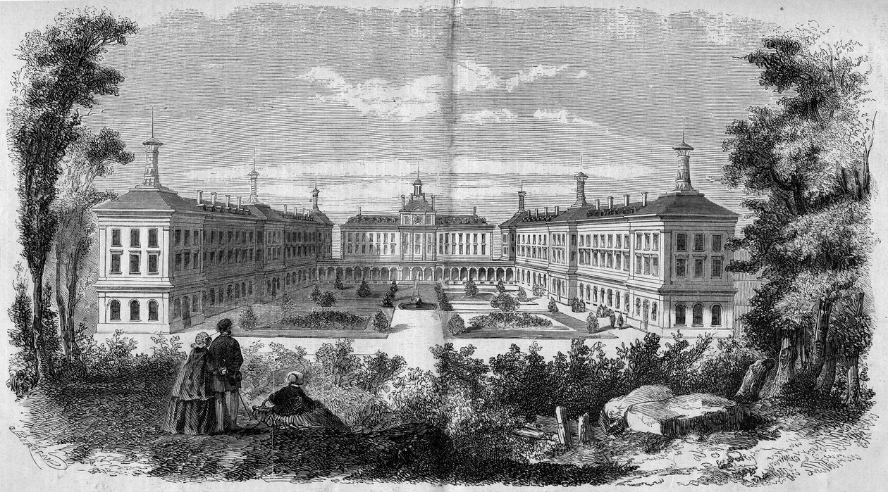 Építészet: a Vincennes-i katonai kórház általános képe (1858). Metszet a „” Le Monde Illustré”” 61. számban, 1858. június 12-én. alkotó: French School