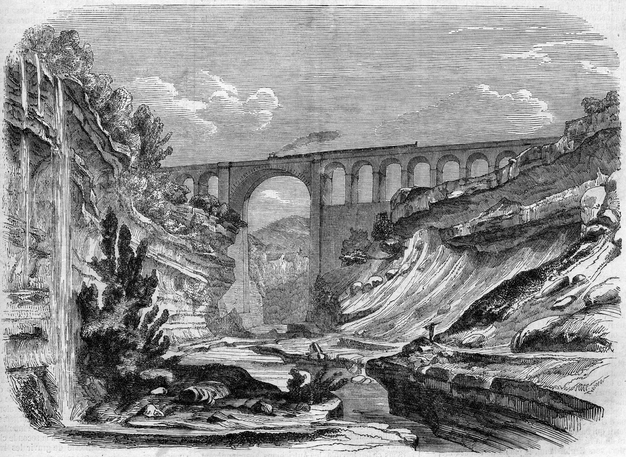Építészet: kilátás a Valserine viaduktra (Rhone Alpes) a Lyon és Genf között összekötő vasútvonalon. 1858. Metszet a „” Le Monde Illustré”” 1858. március 13-i 48. számában. alkotó: French School