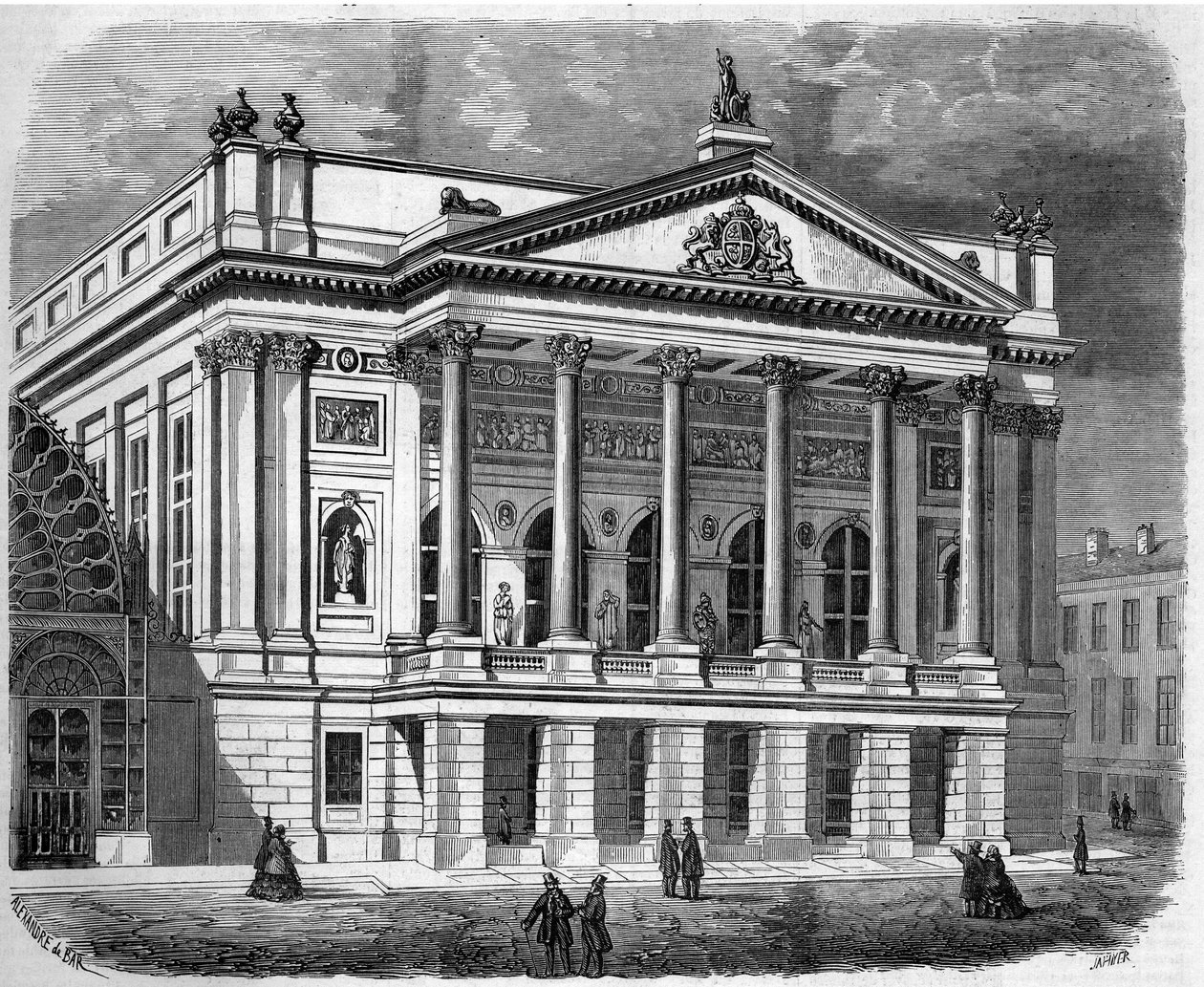 Építészet: a londoni (Anglia) Olasz Színház homlokzatának képe 1858-ban. Metszet a „” Le Monde Illustré”” 38. számában, január 2. alkotó: French School